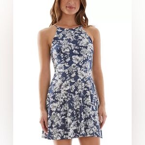 BCX Mini Dress Halter Fit Flare Blue White Floral Y2K Spring Summer
